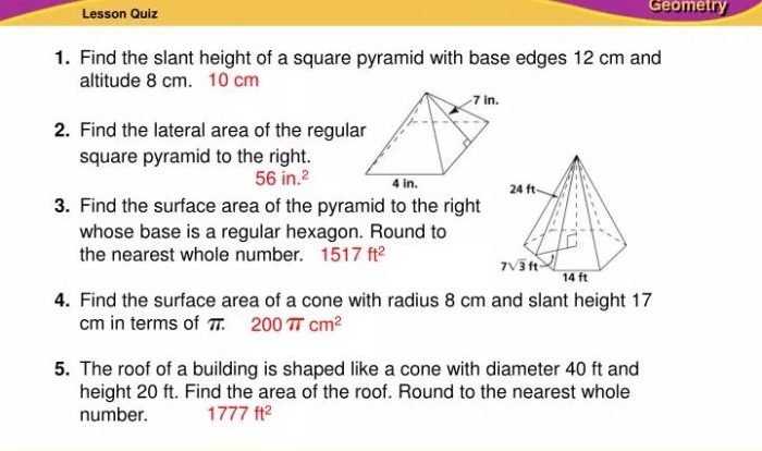 Surface areas of pyramids and cones quiz